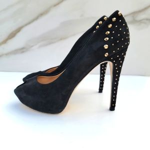 Zara | Black Suede Studded Stiletto peep toe platform pump heels Size 40